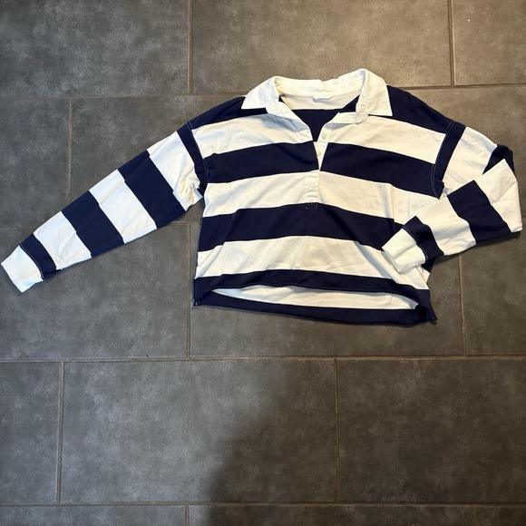 Aerie Top Cropped Stripes Blue White Rugby Shirt Size Small Preppy y2k Casual - Picture 3 of 8